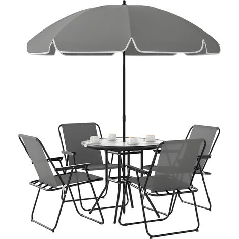 Ensemble de jardin en acier 6 pièces avec 4 chaises pliantes, parasol et table ronde, gris et noir (1/5)