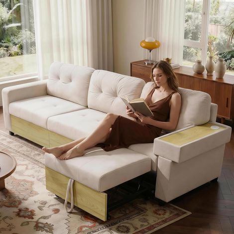 Canapé d'angle Convertible en L,canapé 3 Places modulable,canapé Convertible avec Rangement et Recharge USB,Chaise Longue coulissante,Tissu Lin Doux,pour Salon et Petit Espace,Beige Clair (1/5)
