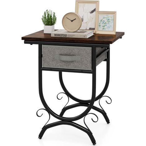 COSTWAY Industrial 2-tier Bedside Table Nightstand w/ Fabric Drawer-Brown (1/5)