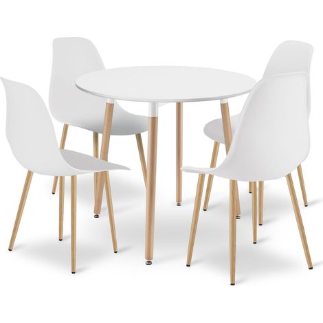 Conjunto de mesa redonda kami de 80 cm - blanca / patas naturales + 4 sillas WAT blancas / patas naturales (1/5)