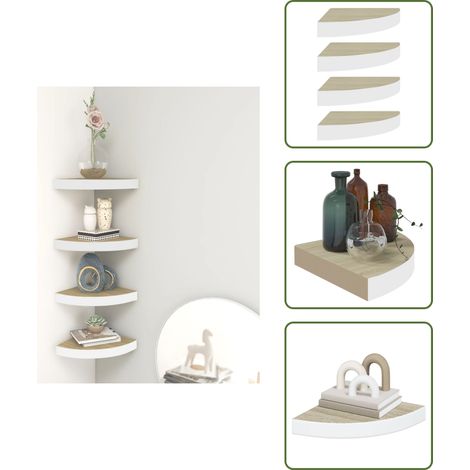 Eck-Schweberegale 4 Stk. Eichen-Optik und Weiß 25x25x3,8 cm MDF - Eckwandregal - Wandregal - Holzregal - Waben-MDF - Metallregal (1/5)