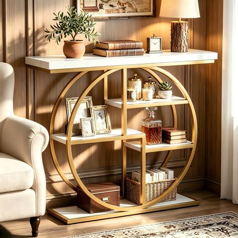 Table Console dorée - 105 x 30 x 80 cm - Moderne - Étagère de rangement - pour entrée, Couloir, entrée, Salon - Blanc/Doré (1/5)