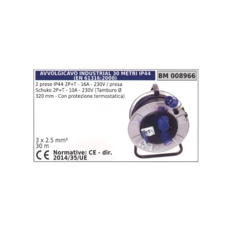 Kabeltrommel 30m 2 Steckdosen IP44 2-polig+Erde 16A 230V Schuko-Steckdose 2-polig+Erde 10A