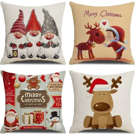 Housse de Coussin Noël 45x45cm, Lot de 4 Joyeux Décoration Canapé en Coton et Lin pour Lit Chambre Chaise Jardin (1/5)