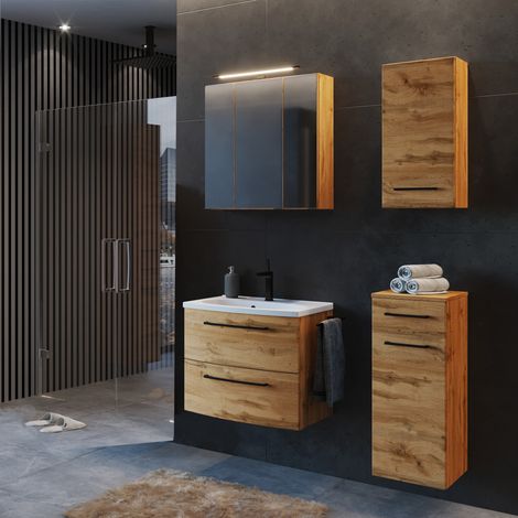 Badezimmer Waschtisch Set MORISSON-03  mit Spiegelschrank MORISSON-03 in Wotan Eiche Nb. inkl. Waschbecken, B/H/T: ca. 120/200/45 cm (1/5)