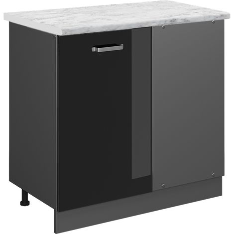 Meuble d'angle R-Line, Noir Haute brillance, 86 cm PT Marbre, Vicco