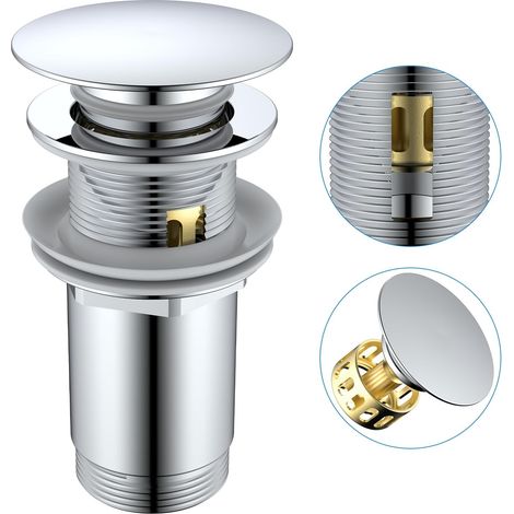 Bonde de Lavabo avec/sans Trop-Plein, Bonde Clic Clac avec Panier Filtrant, Bouchon de Vidange Pop-Up for Salle de Bain, Universel G 1 1/4, Chromé, Argent (1/5)
