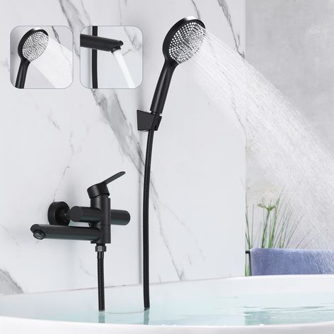 GBLY Badewannenarmatur Schwarz Wasserhahn Badewanne - Dusche Armatur mit Brause Duscharmatur mit Handbrause Lang Aufputz Edelstahl Badarmatur Einhebelmischer Wandmontage für Bad Badezimmer (1/5)
