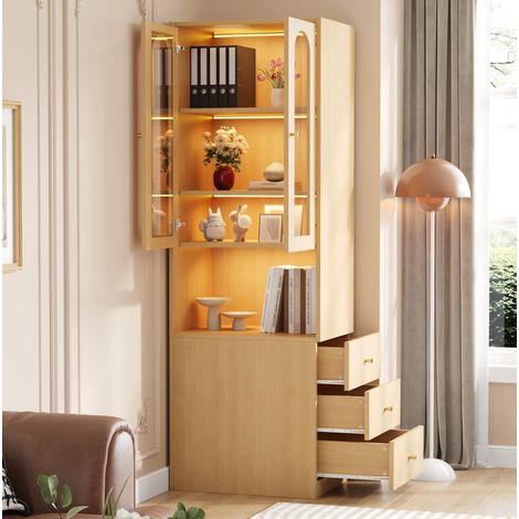 Regal aus MDF in Eiche 60x40x200 cm mit 3 Seitenschubladen, Vitrine aus gehärtetem Glas und LED (1/5)
