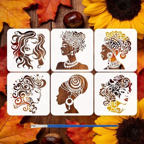 6 Pièces Pochoir de Peinture de Coiffure de Femme avec un Pinceau 20x20cm Pochoirs de Femme Bandeau Floral Gabarits de Femmes Tribale Africaine pour Décor Panneau Bois Meuble Maison Mur (1/5)