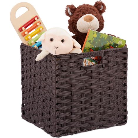 Corbeille de Rangement Plastique tressé, Panier poignée étagère Organiseur Vintage, 31x32x30 cm, Marron (1/5)