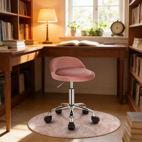 Tabouret de bureau en velours rose avec dossier bas, pivotant 360°, verin a gaz, hauteur d'assise 43-54,5 cm (1/4)
