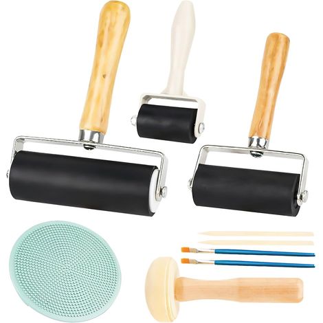 Lot de 3 rouleaux de peinture en caoutchouc pour impression lino, rouleau robuste avec 1 rouleau champignon et 1 gravure pour graphiques d'impression, tampons, encres, papier peint et