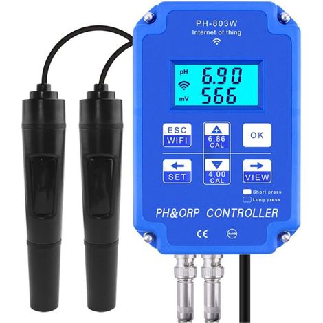 Tester di qualità dell'acqua 2 in 1, monitoraggio in tempo reale tramite WiFi, regolatore digitale di pH e ORP, monitor digitale di qualità dell'acqua a parete con 2 sensori, per vasche di piscine.