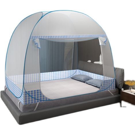 Moustiquaire de Lit Double avec Fermeture éclair, Pliable 2 Places, Bleu, 200×145×150cm (1/4)