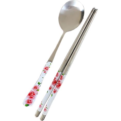 2 pièces couverts portables en acier inoxydable rose : fourchette, cuillère et baguettes, vaisselle de voyage (1/5)
