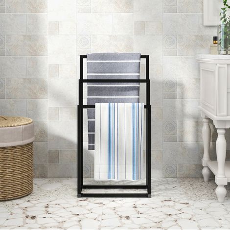Porte-serviettes sur pied 3 niveaux, séchoir à serviettes en métal 45 x 22 x 86 cm, noir OKMYHOME (1/5)