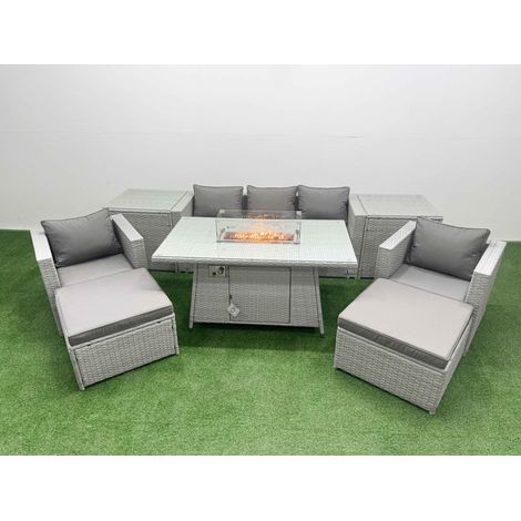 Fimous 7 Seat PE Rattan Lounge Sofa Set Outdoor Garden Furniture Set with Firepit Dining Table 3 Seater Sofa 2 Big Footstools 2 Side Tables Light Grey (1/5)