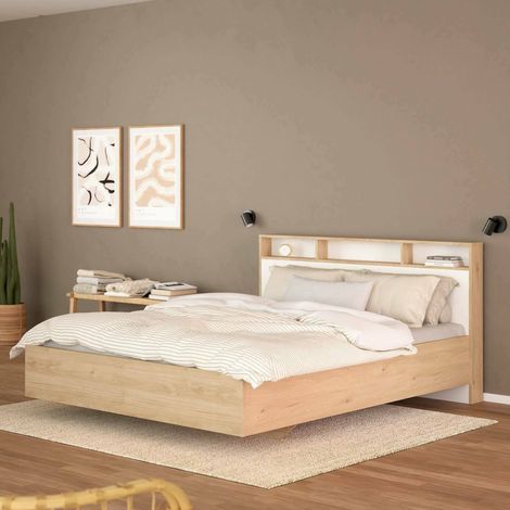 Dmora - Cama plaza y media Zinasco, Sommier para dormitorio, Estructura de cama, Estructura del sostenedor del colchón, 206x150 h97 cm, Roble y Blanco (1/5)