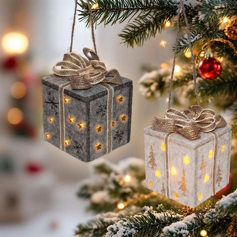 LED Filz Geschenkbox warm weiß inklusive Batterie - 2er Set - Beleuchtete Dekopäckchen zum Hängen oder Aufstellen batteriebetrieben