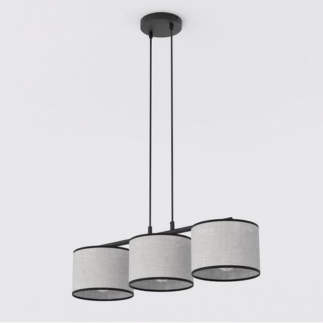 Lampada a sospensione Eco con tre luci in acciaio nero e tessuto grigio