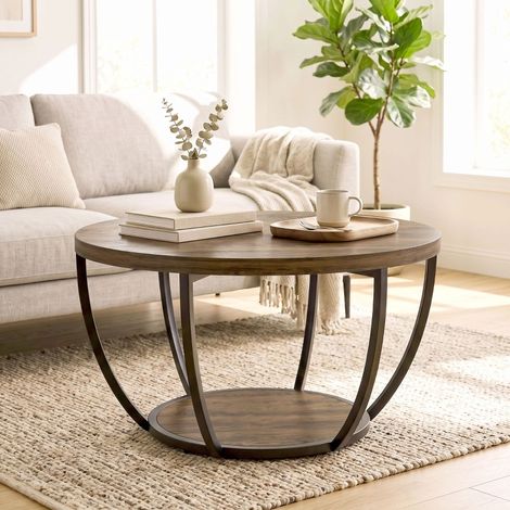 Tavolino a 2 livelli 80 x 80 x 43,8 cm in legno e metallo marrone/nero - CHICFURN (1/5)