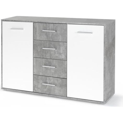 Les Tendances – Buffet bas PILVI – 2 portes et 4 tiroirs – Blanc et béton clair – Dimensions L 122,6 x P 34,2 x H 81,1 cm – Meuble moderne pour salon (1/5)
