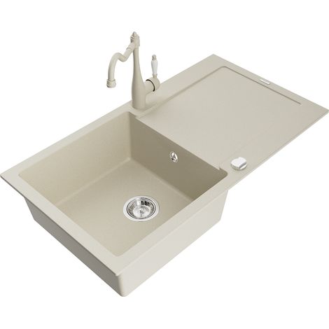 Mexen Leo Einbauspüle aus Granit, 1-Becken, mit Abtropffläche und Küchenarmatur Carla, beige - 6501-69-670700-69 (1/5)