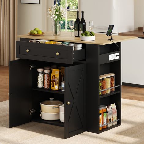 Isla de cocina con encimera abatible, puertos USB, 120 x 75 x 97 cm, MDF negro REDOM (1/5)