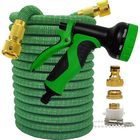 Tuyau d'arrosage haute pression flexible et extensible bicolore (vert-gris avec pistolet, 15 m extensible) pour la maison et le jardin, idéal pour l'irrigation des jardins et des exploitations agricol