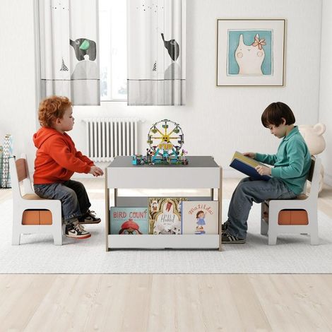 Pour dessiner, jouer et ranger, table d'activité enfant 4 en 1 avec 2 chaises, plateaux réversibles et rangements (1/4)