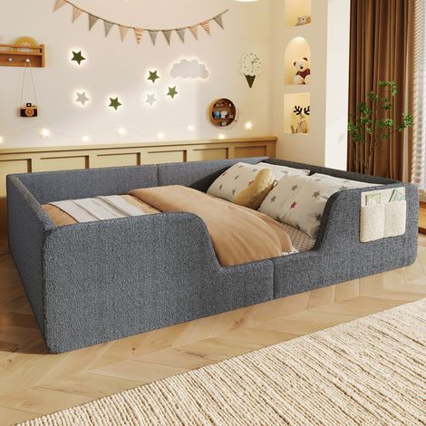 DESVIAE Lit enfant capitonné 140 x 190 cm en velours gris avec barrières de sécurité amovibles et poche de rangement intégrée (1/5)