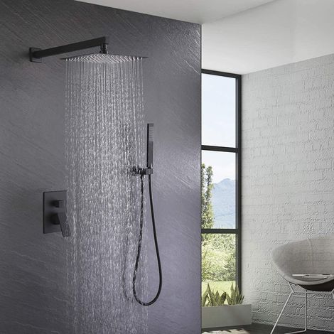 Colonne de douche encastrée, Ensemble de Douche Encastré, Set de Douche avec Mitigeur Douche Encastrable, Système de Douche Noir avec Pomme de Douche,25x25cm