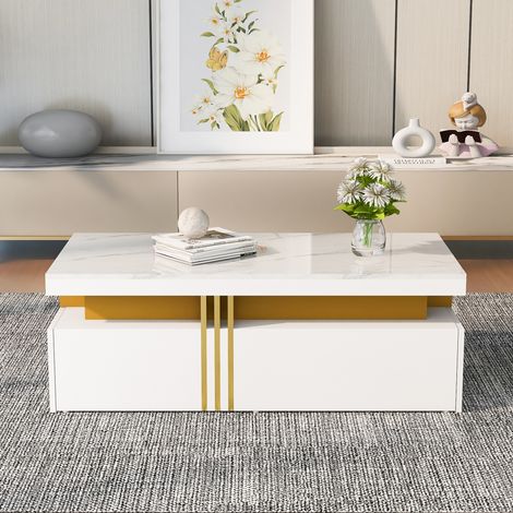 Table basse rectangulaire moderne, plateau brillant laqué, 2 tiroirs en bois, finition marbre, pour salon, 100 x 50 x 40 cm (1/5)