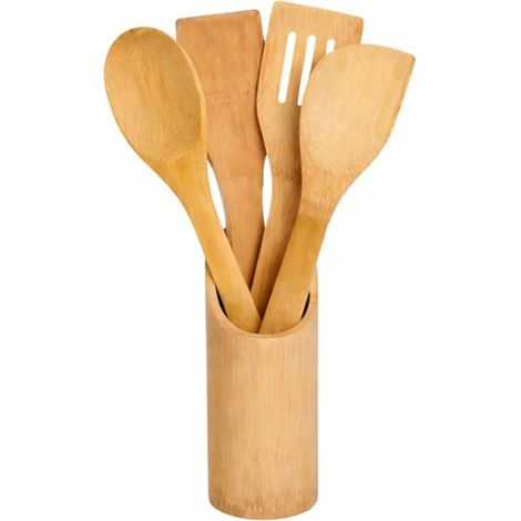 USTENSILES DE CUISINE EN BOIS 5 PIÈCES 30 CM – Set Bambou avec Support – Spatules et Cuillère pour Cuisine (1/5)