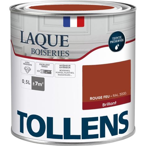 Peinture Laque - Ultra Résistante aux lessivages - TOLLENS - Multisupport boiseries, murs, meubles - Brillant - Rouge Feu - 0,5L = 7m2
