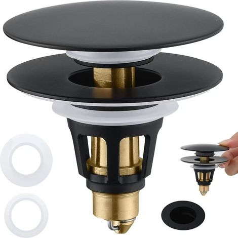 Tapón de fregadero metálico universal 2 en 1 con filtro de desagüe y recogedor de pelos, antiobstrucción, negro mate (1/4)