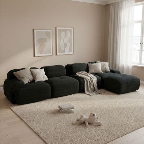 Canapé modulable 4 places 388 cm + pouf en velours côtelé noir - FLUFY (1/5)