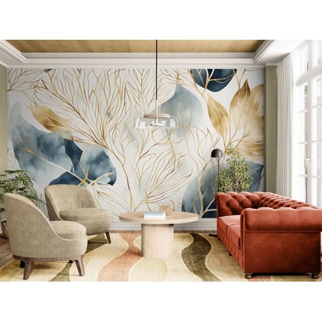 Papier peint Luxe – Feuillage doré sur fond aquarelle - 150 x 250 cm (1/2)