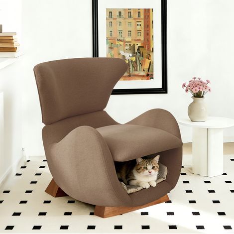 Poltrona singola in tessuto marrone con rifugio per animali domestici e gambe in legno (1/5)