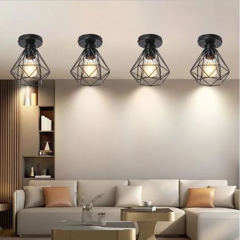 Plafonnier Industriel - Lot de 4 - Forme Diamant en Fer Noir - E27 40W - Pour Chambre Salon Cuisine (1/4)