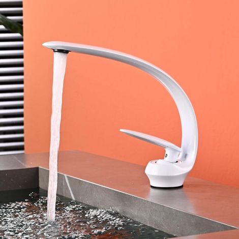 22012 Creative Arched Moon Faucet Bathroom Sink Mixer Hotel Tap Bubble Flow Ceramic Valve Core Water Saving Design Elegant White Finish (1/4)