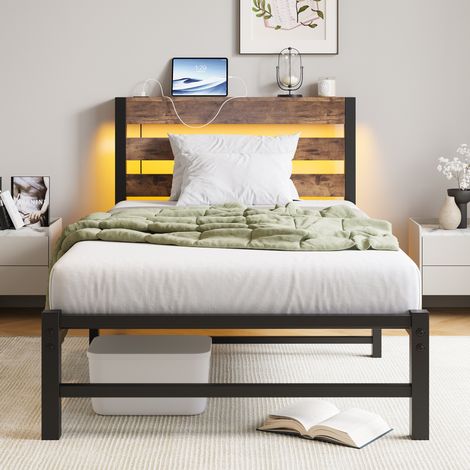 Bett 90x200 mit LED und USB, Stauraum, Metall Holz OKMYHOME (1/5)