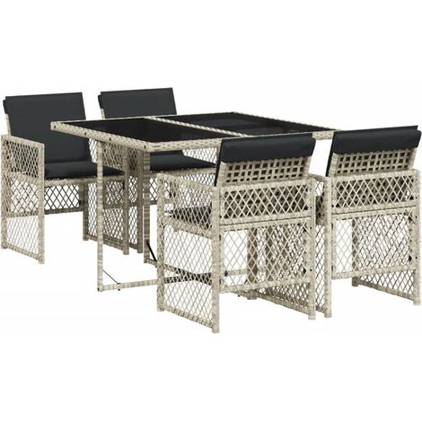 Ensemble table et chaises de jardin 5 pièces avec coussins, en rotin gris clair. (1/5)