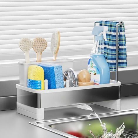 Organisateur de cuisine en acier inoxydable - tapis d'égouttage - organisateurs de cuisine - organisateur de comptoir - porte-torchons et éponges - organisateur de cuisine blanc (1/5)