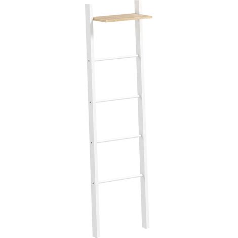 Porte-serviettes échelle avec étagère supérieure et 4 barres, fixation murale, 43 x 20 x 151 cm, blanc et chêne (1/5)