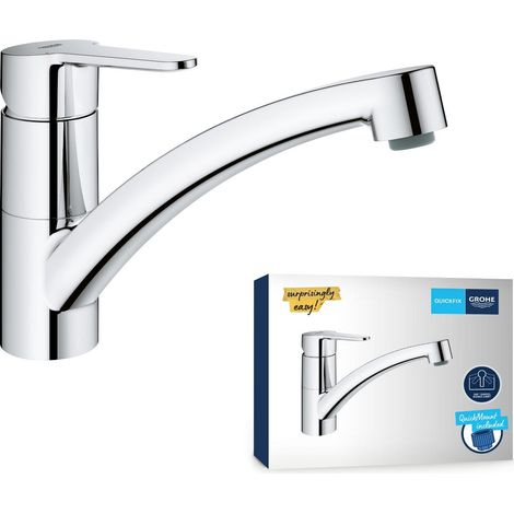 Mitigeur Monocommande Evier, Robinet Cuisine, Bec Bas, Rotation 140°, Mousseur avec Fente pour un Remplacement sans Outil, Chromé, 31685000 (1/5)