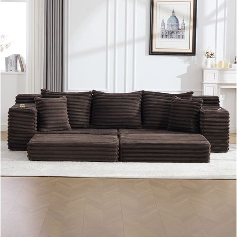 Canapé convertible 273x98x87 cm café en velours côtelé avec dossier haut, poches latérales et porte-gobelets (1/5)