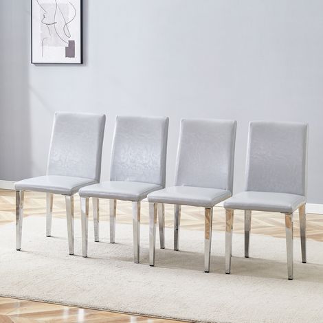 Set di 4 sedie da pranzo in ecopelle e metallo con schienale, stile moderno, grigio chiaro e argento (1/5)