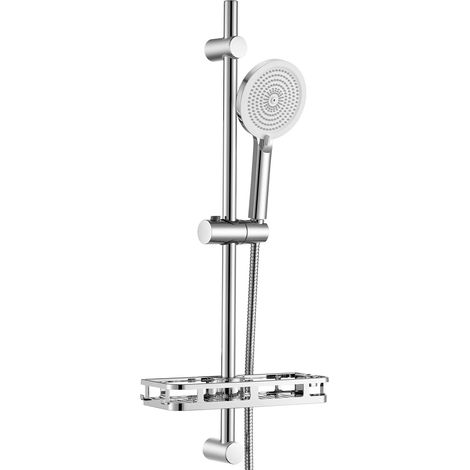 AURALUM MAX Barra de ducha con estante, teleducha de 4 chorros y flexible – Barra de ducha de 70 cm en acero inoxidable cromado (1/5)